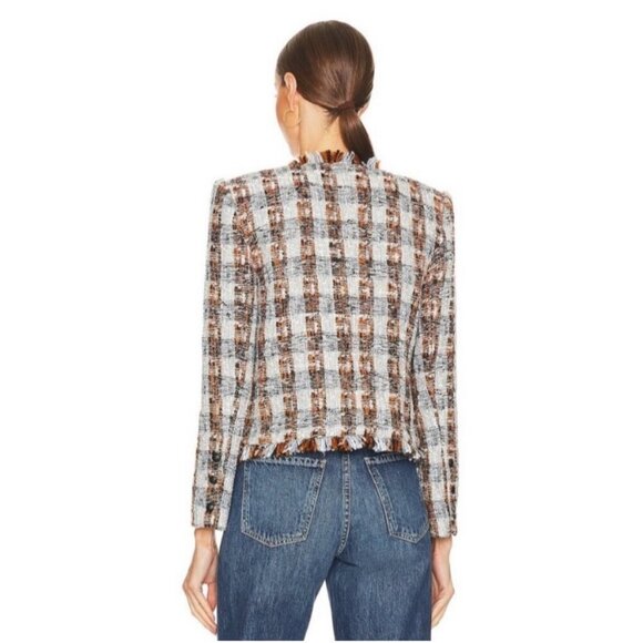 L'Agence Angelina Tweed Wool Blend Open Front Blazer in Blue/Orange Multi - Picture 2 of 9